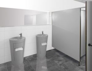 Geroline Business Waschtisch mit Ablage, Papierspender, Papierkorb, Revisionstür in Grau, aus glasfaserverstärktem Kunststoff, Obertfläche Gelcoat, Location Toilette