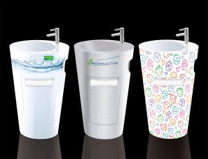 Geroline Business Stand-Waschtisch mit Ablage, Papierspender, Papierkorb, Revisionstür, aus GFK, Obertfläche Gelcoat, verschiedene Farbtöne, Labeling Applikationen