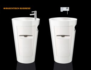 Standwaschbecken für Businessbereich, Papierspendere, Papieerabwurf, Servicetür, Farb-Applikationen aus GFK