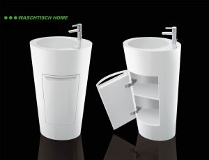Standwaschtisch in hochmodernem Design, verschiedenen RAL-Töne, Regal-Böden, Stauraum aus GFK, Oberfläche Gelcoat